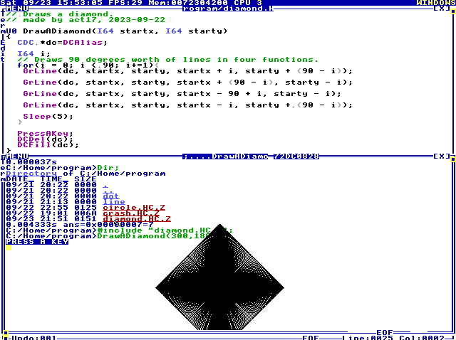 A small program I made in TempleOS that draws a diamond.